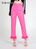 TWOTWINSTYLE Solid Patchwork Feathers Pants For Women High Waist Solid Minimalist Trousers Female Casual Clothing Style