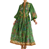 Women's Retro Printed Lantern Sleeves Waist Swing