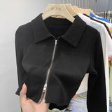 Design Sense Niche Double Zipper Polo Collar Jacket Women's Early Autumn New Threaded Short Top Knitted Cardigan-Outfit
