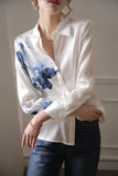 New Vintage Ink Printing Chiffon Shirt Turn-down Collar Long Sleeve Satin Blouse Women Summer Korean Style Casual