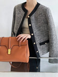 Women's Contrast Color Crew Neck Gold Button Up Tweed Jacket Long Sleeve Elegant