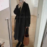 Women Mid Length Wool Coats Splice Korean Jackets Turn Down Collar Full Sleeve Double Breasted Thick Autumn Winter-Outfit