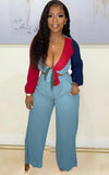 Party Sexy Contrast Color Knotted Crop Top and Wide Pants 2 Piece