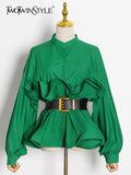 Solid Casual Shirt For Women Stand Collar Long Sleeve Patchwork Sashes Fold Pleated Shirts Female 2022 Spring