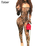 Leopard Print Casual 2 Piece Set Outfits For Women Off Shoulder Long Sleeve Playsuit Trousers Pant Matching Women's