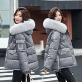 Women Winter Hooded Thick Short Jacket Solid Casual Glossy Warm Cotton Padded Parkas Fur Collar Winter Coat