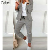 Autumn Casual Plaid Print Long Sleeve Blazer Coat & Drawstring Pants Set Two Pieces Suits Womens Elegant Ladies Tops