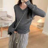 Slim, V-Collar, Straight Shoulder, Long-Sleeved T-Shirt, New Autumn Pleated Blouse, Solid Color Bottomed Shirt.-Outfit