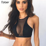 Women Fashion Sleeveless Vest Tank Tops Ladies Sexy Hollow Perspective Tank Crop Tops Net Yarn Splicing Black Sexy Tank