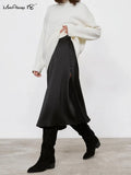 Elegant Slit Black Satin Skirts Women Spring 2023 Flowing Button Skirts Zipper Office Ladies A-Line Chic Dress