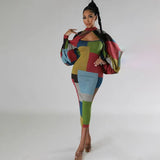 New Fashion Splicing Color Print Long-Sleeved Large-Size