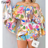 Summer 2023 Off Shoulder Bell Sleeve Crop Top & Shorts Set Daily Graphic Print 2 Piece Outfits Vacation Sexy Short