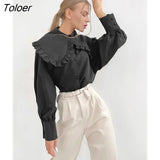2021 Spring Casual Black Women Blouse Top Lantern Sleeve White Oversize Collar Shirt Office Ladies Ruffles Blouse