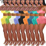 Colors Feather Fringe Patchwork Shorts and Crop Top Two Piece Set Summer Streetwear Women Sexy Bodycon Tracksuit Party