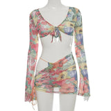 Tie Dye Ruched Long Sleeve Crop Top Women V Neck Bow Bandage See Though Beach Summer Sexy Woman T Shirts 3 Pieces