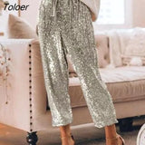 High Waist Sequin Long Pants Korean Autumn Winter Loose Leisure Trousers Sexy Glitter Sliver Pink Wide Clothes