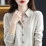 Elegant Wool Knit Cardigan Sweater Women Jacket Loose Polo Collar Outer Solid Button Knit Shirt Tops French Clothes