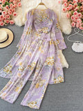 Bohemian Women 3 Pieces Set Female Elegant Long Cardigans + Strapless Camis + Wide Leg Pants Chiffon Suits New Spring Fall