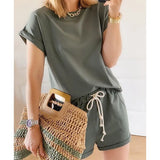 Women's Two Piece Suit 2021 Summer 2 Piece Set Elastic Waist Casual Solid Color Leisure Pajamas Set O-Neck Home