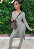 Casual Basic Ribbed V-Neck Slit Long Top and Legging