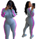 2 Piece Set Fall Clothing Suit Letter Patchwork Ribbed Bodycon Outfits Tracksuit Matching Set Girl Wholesale