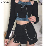 Gothic Tie Dye Print Patchwork Crop Tops Women With Chain Long Sleeve Skinny Slim T-Shirt Punk Style 90s Outfits