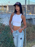 Summer Streetwear Top Women 2022 Sleeveless White Print Embroidery Crop Top Fashion Club Black Blue O Neck Tank Top