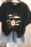 100% Cotton M-6XL T Shirt Chinese Lute Print Tshirt Short Sleeve Women's Top Summer Couple V Neck Oversized T