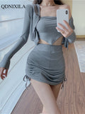 Summer Women Skirt Suits Fashion Elegant Thin Cardigan Hoodie Jacket with Tube Top Triangle Vest Short Skirt 3 Piece