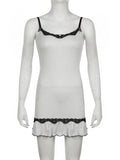 Sweet Cute Lace Trim Bodycon Dress Sexy Slim Slash Neck Sleeveless Mini Dresses For Women 2024 Summer Fashion Streetwear-Outfit