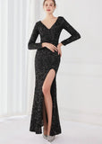 Winter Elegant Deep V Neck Long Sleeve Slit Cocktail Eevening