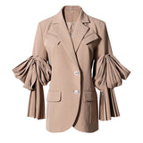 Women Black Pleated Irregular Blazer New Lapel Long Flare Sleeve Loose Fit Jacket Fashion Spring Autumn 2023