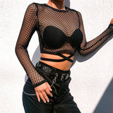 Wind Grid Stitched Cross-Tieed Air-Screen Sunscreen Shirt Sexy Perspective Shorts Umbilly T-Shirt