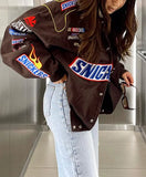 Street Printed Brown Oversize Long Sleeve Loose Bomber