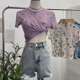 Shooting Retro Tie-Dye Double-Layer Mesh Half-High-Neck Short-Sleeved T-Shirt T-Shirt Short-Sleeved T-Shirted Woman