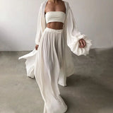 Women 3 Piece Sets Homewear Fashion Casual Lantern Sleeve Cardigan Tops+Wide Leg Pants Suits Lady Spring Soft Three Piece