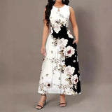 And Summer Explosion Print Slings Large-Size Dress Flower Pocket Necking A-Character Dress Women's