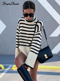 2022 Autumn Winter Oversized Knitted Pullover Women Turtleneck Long Sleeve Khaki Striped Loose Sweater Casual