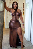 Brown Metallic Sexy Cut Out Chains Halter Long Evening