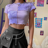 Crop Tops Tees Tie Dye With Sequin Patchwork Women Summer T-shirts Ruffles Hem Purple Or Bule