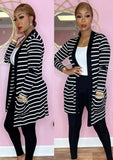 White and Black Stripes Long Cardigans and Black Legging