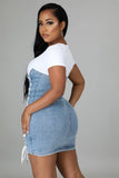White and Blue Patch Lace-Up Denim Jeans Bodycon