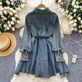 Dress New Chic Hong Kong Flavor Retro High-End Relaxed Thin Irregularly T-Shirted With Waist Denim Dress