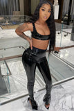 Black Leather Bra and Slit Bottom High Waist Pants Two Piece