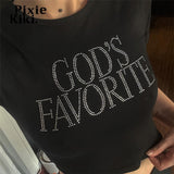 Letter Rhinestone Crop Tops Black Y2k Streetwear Sexy Short Sleeve Tight Tshirts for Women Baby Tee 90s