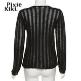 Y2k Grunge Black Sweater for Women Sexy Hollow Out See Through Drawstring V Neck Long Sleeve Top Fall 2023