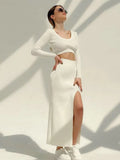 Winter Graceful Knitted Dress 2 Pieces Set Long Sleeve Cropped Sweater+Slit Skirt Suits Female Sexy Soft Pullover