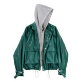 VAREY LIN Hooded Leather Jackets New Autumn Women Epaulet Pockets Button Zipper Hoodies PU Leather Moto Biker