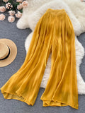 Solid Fashion Mesh Women Pants Summer 2022 Zipper Casual Elegant Vacation Long Wide Leg