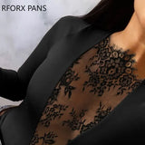 Women Basic Solid Lace Patch Long Sleeves Sexy Skinny Black Blouses Tops-Outfit